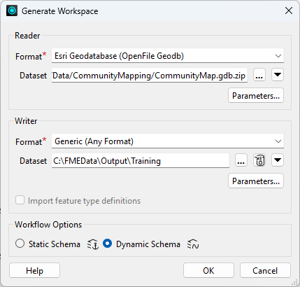 Generate Workspace dialog configured for a dynamic translation
